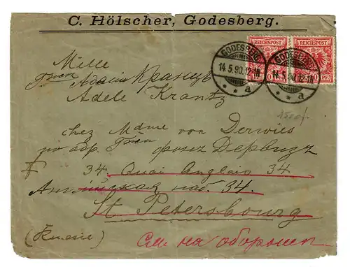 Godesberg nach St. Petersburg 1890 mit Weiterleitungsvermerk