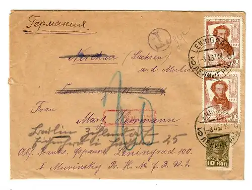 Rus: 1937: Lettre de Leningrad avec postporto