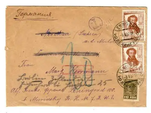 Rus: 1937: Lettre de Leningrad avec postporto