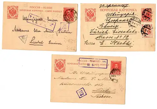 Russie: 5x carte postale 1913/17 en Suisse