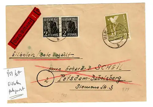 Eilboten Lettre portojuste, Min. 959 vers Potsdam Babelsberg 1948