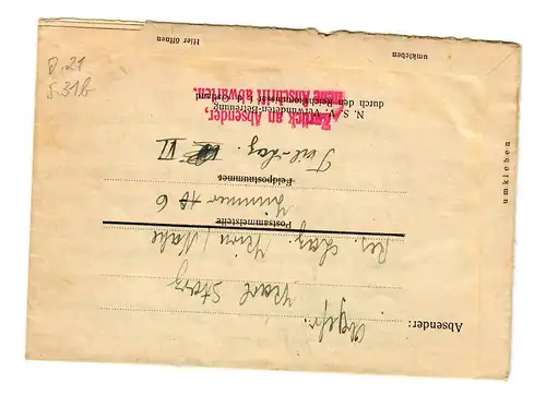 Lettre postale de champ 1943: Kirn/Nahe, Lhospitalt à Stuttgart: vers+ck à l'expéditeur