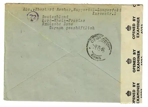 Lettre de Wuppertal-Langerfeld à Gernobbio/Como/Italie 1946, censure