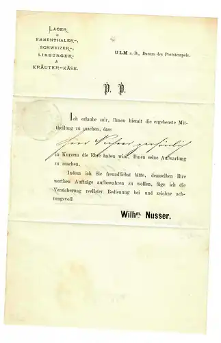 Besuchsanzeige Ulm / Stadtpost 1897 nach Coburg, Emmentaler/Schweizer/Käse