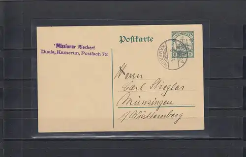 Kamerun 1914: Ganzsache Duala, Missionar, letzte Post mit der Lucia Woermann