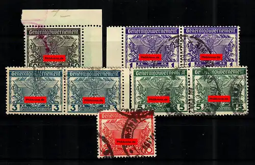 GG: timbres de frais de justice 50/1/3/5/10 utilisés, paires et bord d'angle