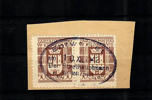 GG: Stadtgebührenmarke Krakau, gebraucht. 50 Gr. im Paar 1942 auf Ausweisstück