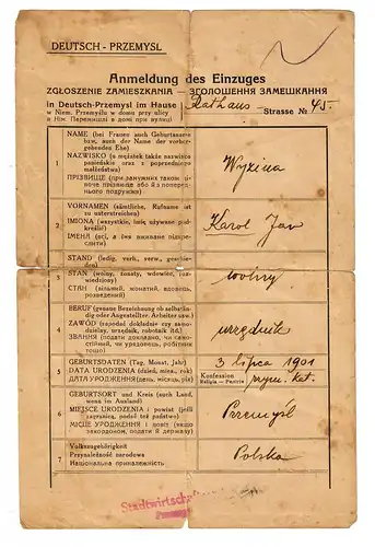 GG: Gebührenmarke der Stadt Deutsch-Przemysl auf Anmeldung Einzug 1941