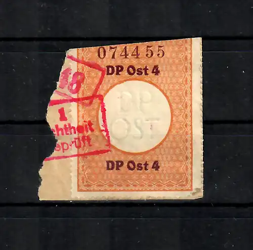 GG: Verschlussmarke DP Ost 4, gestempelt, rückseitig Warschau 1942