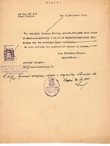 GG: Dénonciation du camp Kobyle 1944, taxe de Cracovie