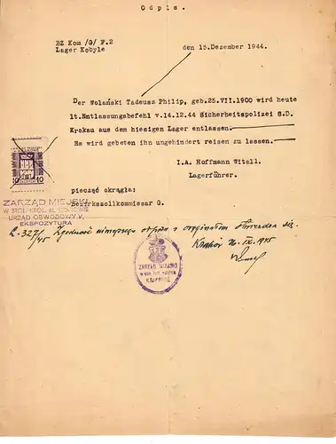 GG: Entlassung aus Lager Kobyle 1944, Gebührenmarke Krakau