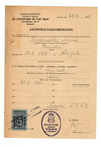 GG: Certificat de séjour fonctionnaire, Cracovie 1942, timbre