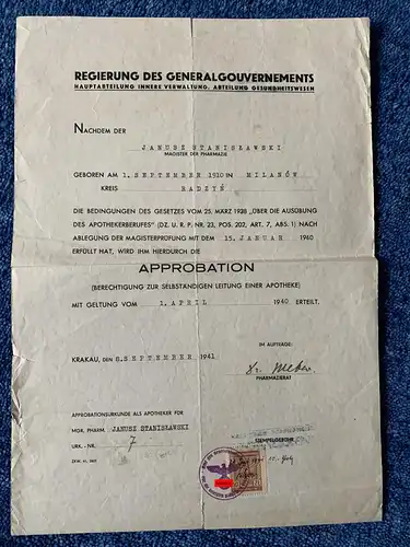 GG: grand certificat d'approbation Milanow/Radzyn/Krakau 1941, timbre