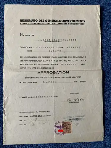 GG: große Approbation Urkunde Milanow/Radzyn/Krakau 1941, Gebührenmarke