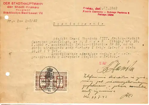 GG: Certificat d'adhésion 1942, timbres de taxe Cracovie