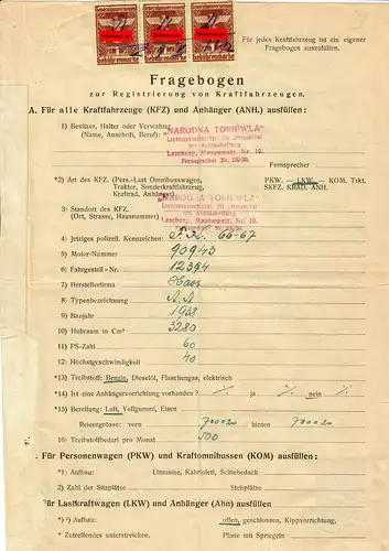 GG: Fragebogen zur Registrierung eines Kraftfahrzeuges Lemberg, Gebührenmarke