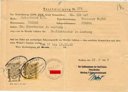 GG: Bescheinigung Fahrt ohne Kennzeichen, Auto Union, Wanderer, Gebührenmarken