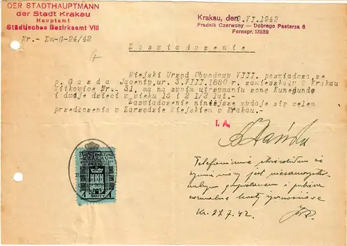 GG: Bescheinigung über Mitgliedschaft 1942, Gebührenmarke Krakau
