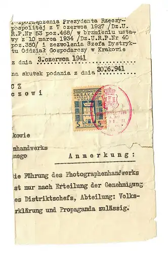 GG: Erlaubnis zur Photographie 1941, Ausriss mit Gebührenmarke