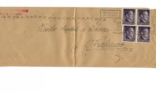 GG: Langer Brief Krakau Land, Agenturstempel Moglia 1944 nach Krakau