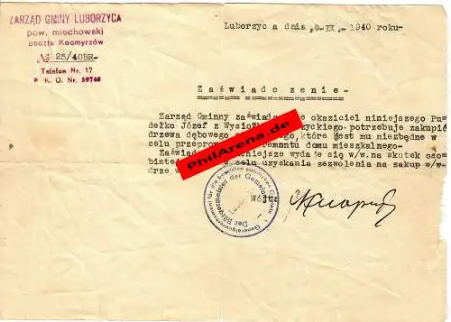 GG: Certificat Maire Wysiolka-Luborzyckiego 1940 pour les charpentiers