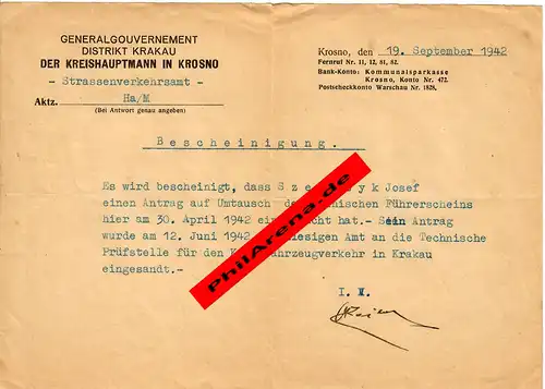 GG: Bescheinigung Krosno: Antrag auf Umtausch des polnischen Führerscheins 1942