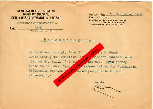 GG: Bescheinigung Krosno: Antrag auf Umtausch des polnischen Führerscheins 1942