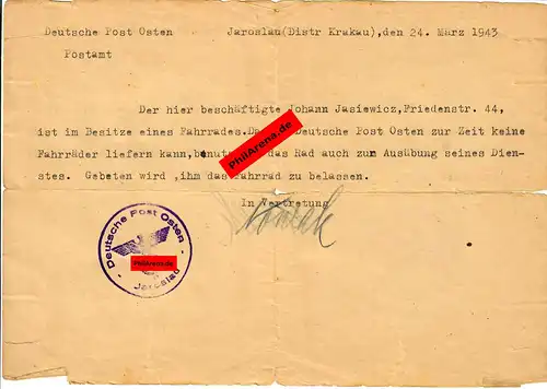 GG: Bescheinigung Dienst-Fahrrad der Deutschen Post Osten 1943