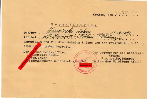 GG: Freistellung vom Stellungsbau aus dem Spezial Lazarett Krakau 09.1944