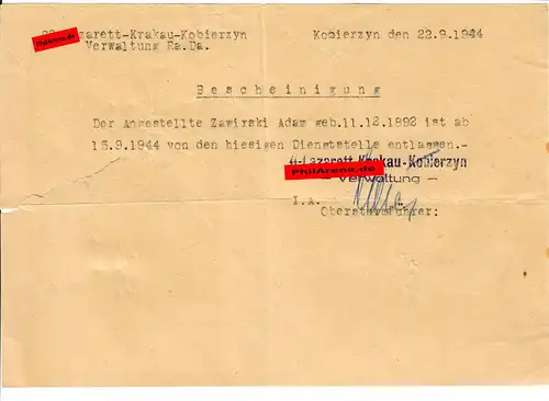 GG: Freistellung vom Stellungsbau aus dem Spezial Lazarett Krakau 09.1944