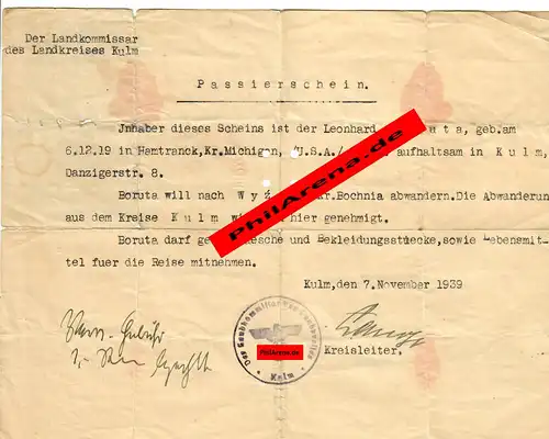 GG: Passierschein USA-Bürger Kulm/Wyzyce/Bochnia: Auswanderung: 7.11.1939