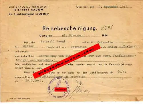 GG: certificat de voyage Ostrowiec/Opatov vers Radom/Koluszki Novembre 1944