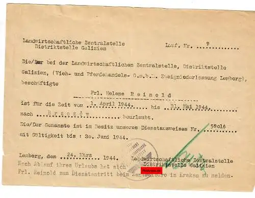 GG: confirmation de vacances Brzowzov/Lemberg 1944, centre agricole