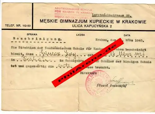 GG: Certificat scolaire Ecole commerciale pour garçons, Cracovie 1940, 1ère classe