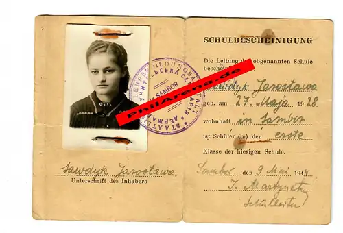 GG: Certificat scolaire Sambor: Centre de formation des enseignants 1944 pour enfant 1ère classe