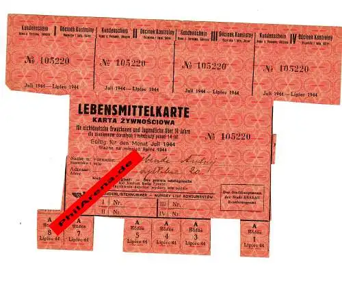 GG Lebensmittelkarte  Krakau 1943/1944