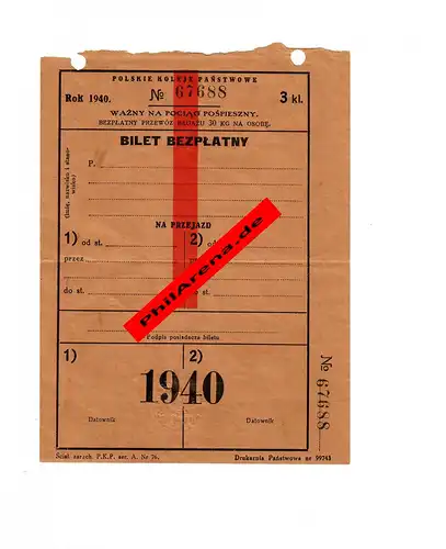 GG: Ticket polnische Eisenbahn 1940, Ostbahn