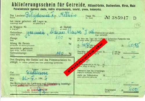 GG: Ablieferungsschein für Getreide/Hülsenfrüchte/Roggen, Mais, ...1944, Siedlce