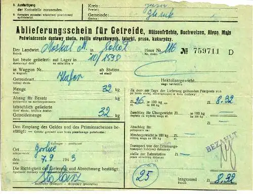 GG: Ablieferungsschein für Getreide/Hülsenfrüchte/Roggen, Mais, ...1943, Gorlice