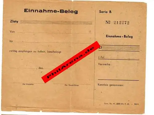 GG: Blanko Einnahme Beleg, Generalgouvernement 1943