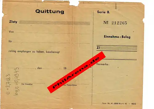 GG: Quittung Beleg, Generalgouvernement 1943