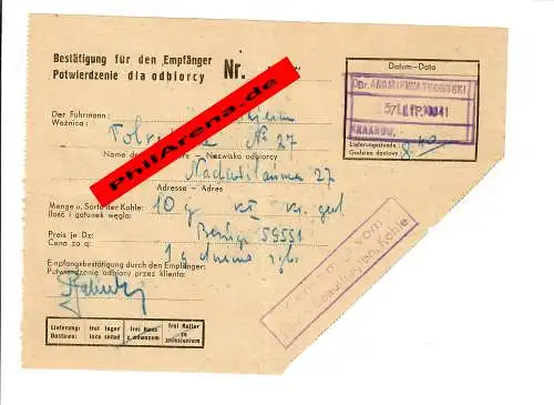 GG: Confirmation du destinataire du charbon par le transporteur à Cracovie 1941