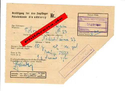GG: Empfänger Bestätigung für Kohle vom Fuhrmann in Krakau 1941