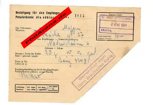 GG: Confirmation du destinataire pour 20 kg de charbon du transporteur à Cracovie 1941