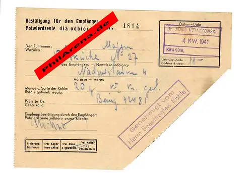 GG: Empfänger Bestätigung für 20 Kg Kohle vom Fuhrmann in Krakau 1941