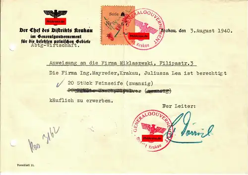 GG: Anweisung an Firma zum Erwerb von 20 Stk. Feinseife, Krakau 1940