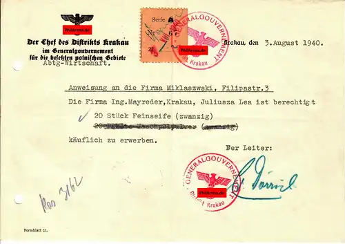 GG: instruction à la société d'acquérir 20 pcs de savon fin, Cracovie 1940