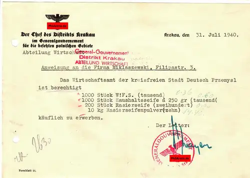 GG: Anweisung an Firma zum Erwerb von Seife, Krakau 1940