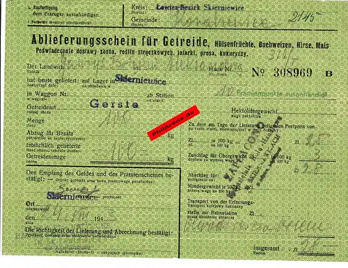 GG: Ablieferungsschein für Getreide/Hülsenfrüchte/Gerste, ... 1943, Skierniewice