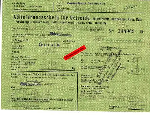 GG: Ablieferungsschein für Getreide/Hülsenfrüchte/Gerste, ... 1943, Skierniewice